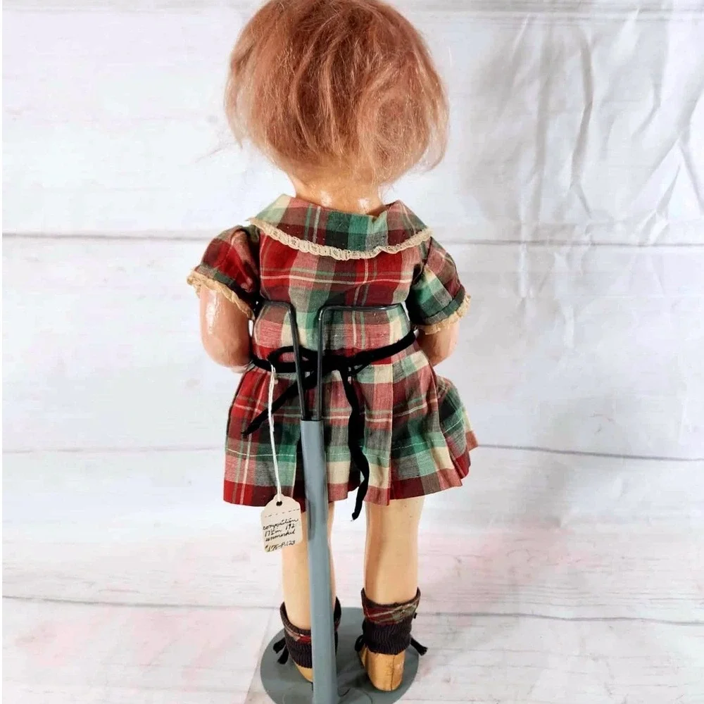 Vintage Composition Doll 1920s 17 Inch Plaid‎ Dress